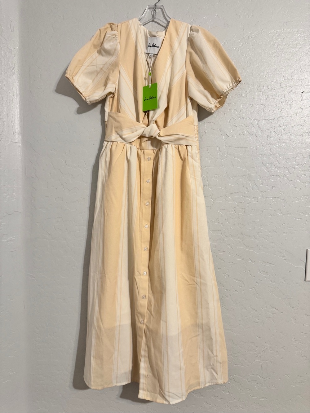 👗NWT Sam Edelman Beige/White Striped Button Smocked Tie Maxi Shirt Dress 6